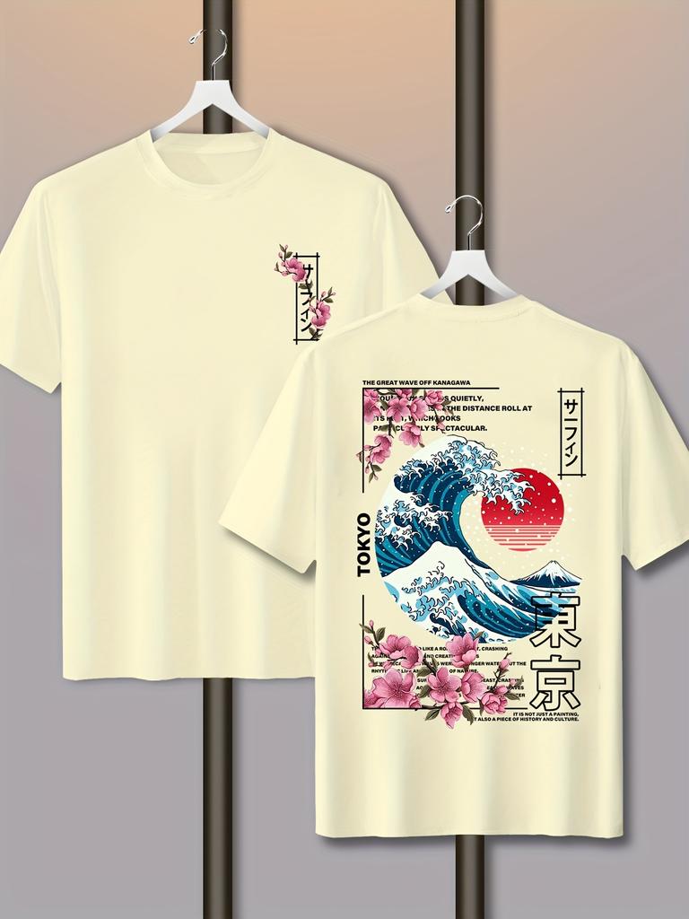 Mens Casual Tokyo Island Sunset Wave Print 100 Cotton Tshirt Shortsleeved Summer Breathable Street Trend Loose Comfortable