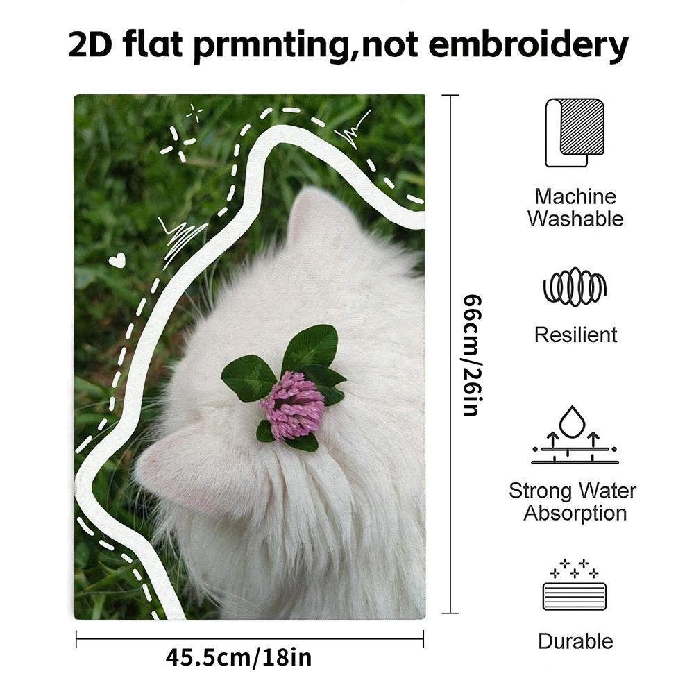 Soft Absorbent Bath Towel, White Cat With Clover Floral Print, Cute Cartoon Hand Towel for Daily Use
