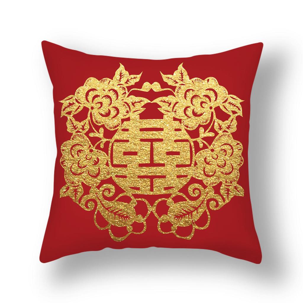 New Chinese Style Happy Character Pillow, Wedding Red Pillow, Pair of Wedding Bedside Pillows, Short Plush Sofa Pillows