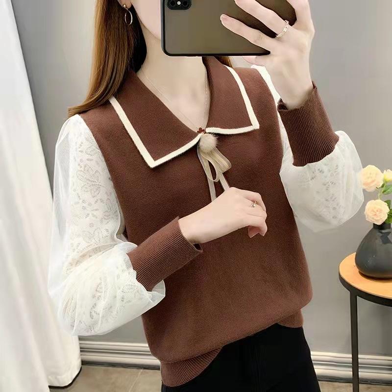 

Lace Long Sleeved Sweater Women s Loose Knit Sweater Thin Cut Outerwear Base Short Top one size темно-коричневого кольору