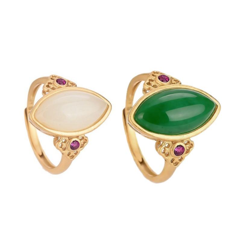 Adjustable Open Ring Women Men Vintage Style Copper With Faux Jade Inlay Geometric Cut Design