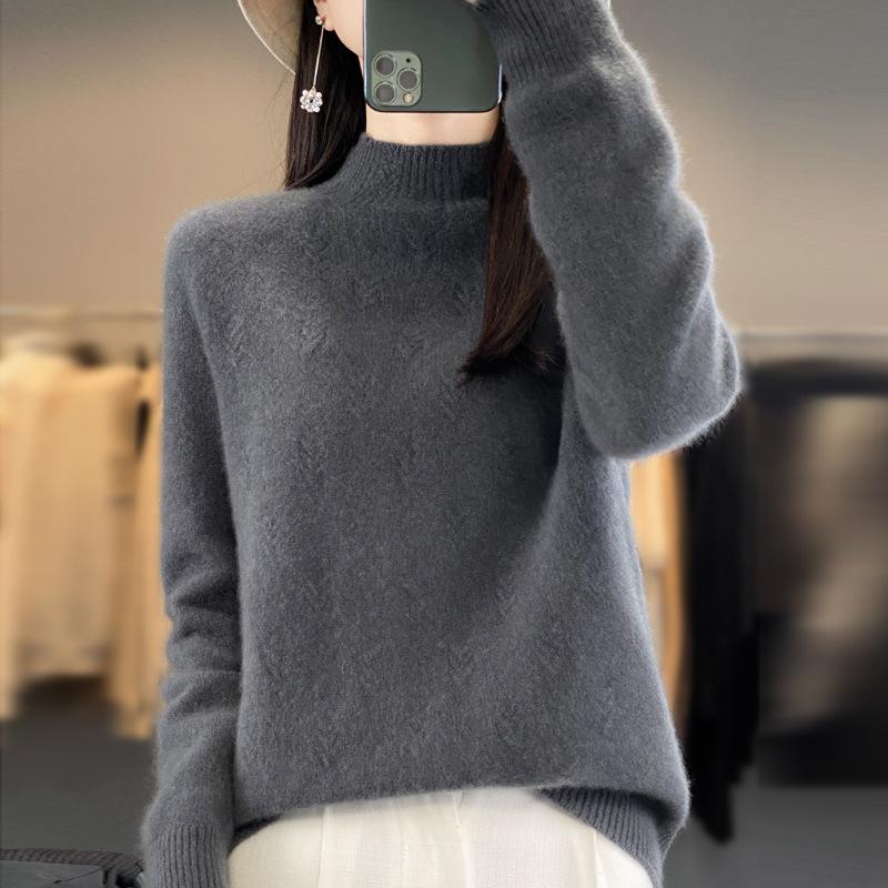 Half Turtleneck Jacquard Cardigan Autumn and Winter Loose and Versatile Cashmere Knitted Sweater Skin-friendly Warm Bottoming Shirt Top