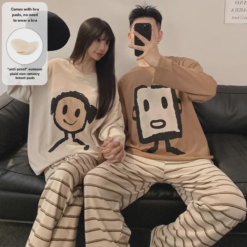 Women's & Men's Cartoon Pajama Set with Chest Pads – Korean Style Long-Sleeve Home Wear for Autumn & Winter