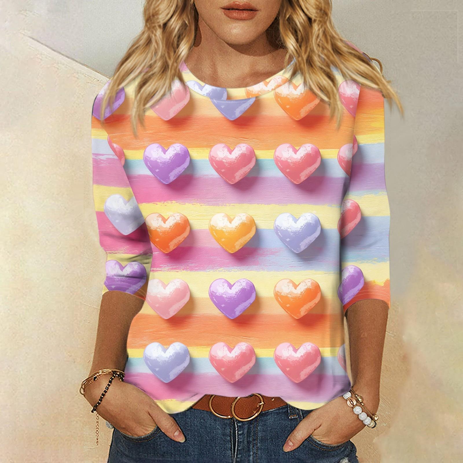 

Женская мода, повседневная свободная футболка с принтом на День святого Валентина и круглым вырезом, рукав 3/4, женский топ XL жёлтый