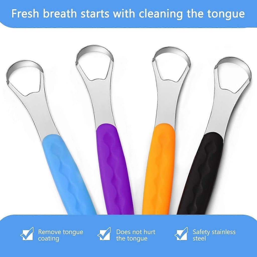 4-Pcs Stainless Steel Tongue Scraper Set w/ Travel Cases – Reduces Bad Breath, Compatible with Adults & Kids – Orange/Black/Green/Blue