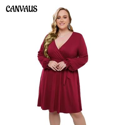 Spring and Autumn Women's Dress Plus Size Fashion Temperament Solid Color V-Neck Dresses