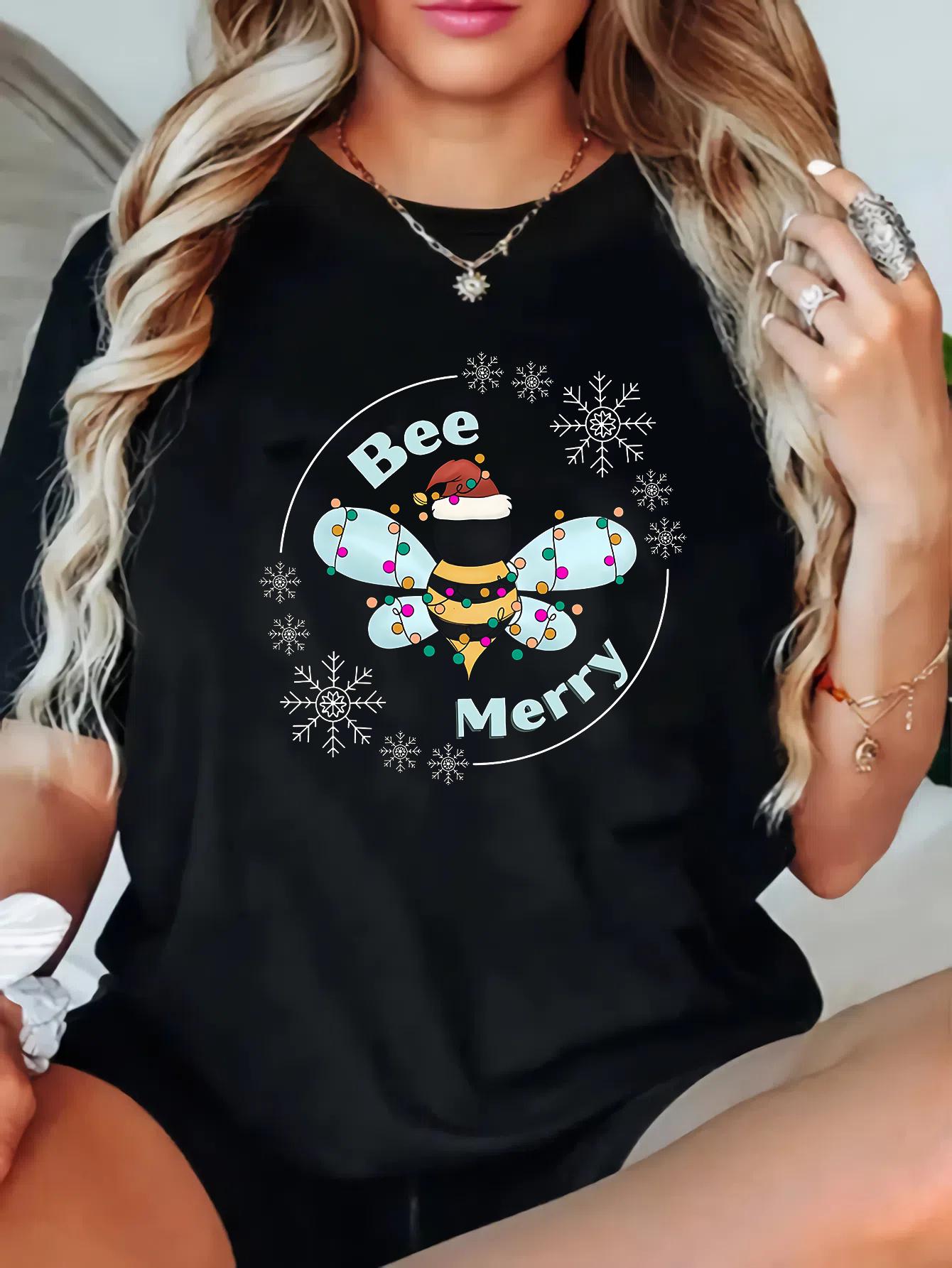 

Plus Size - Plus Size - Plus-Size Casual Women S Short-Sleeve T-Shirt for Christmas with a Bee Print, Featuring a Round Neck And Slight Stretch 5XL різнокольоровий