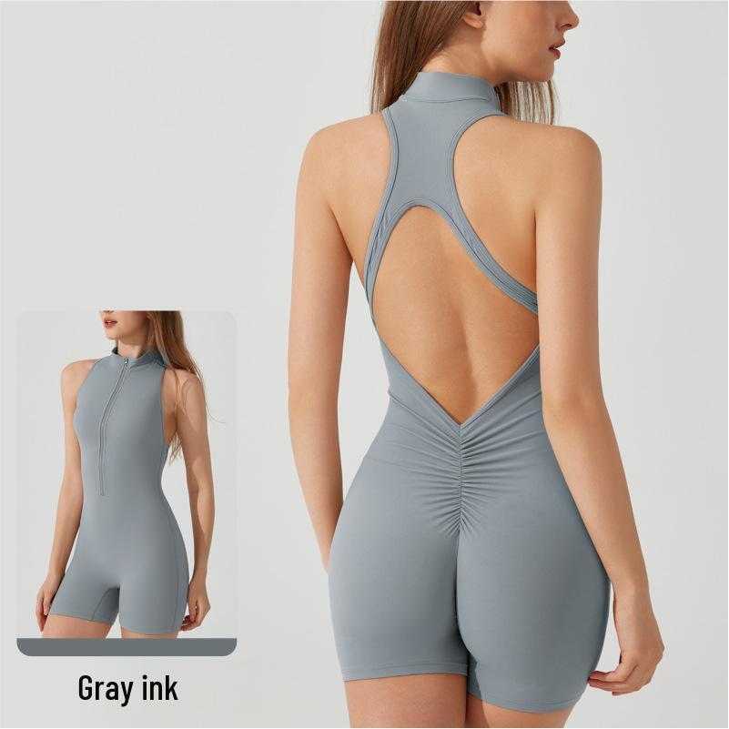 European & American Sports Yoga Bodysuit with Zipper, Open Back, Peach Butt, Double-Sided Brushed Fabric, Shapewear & Bra Pads