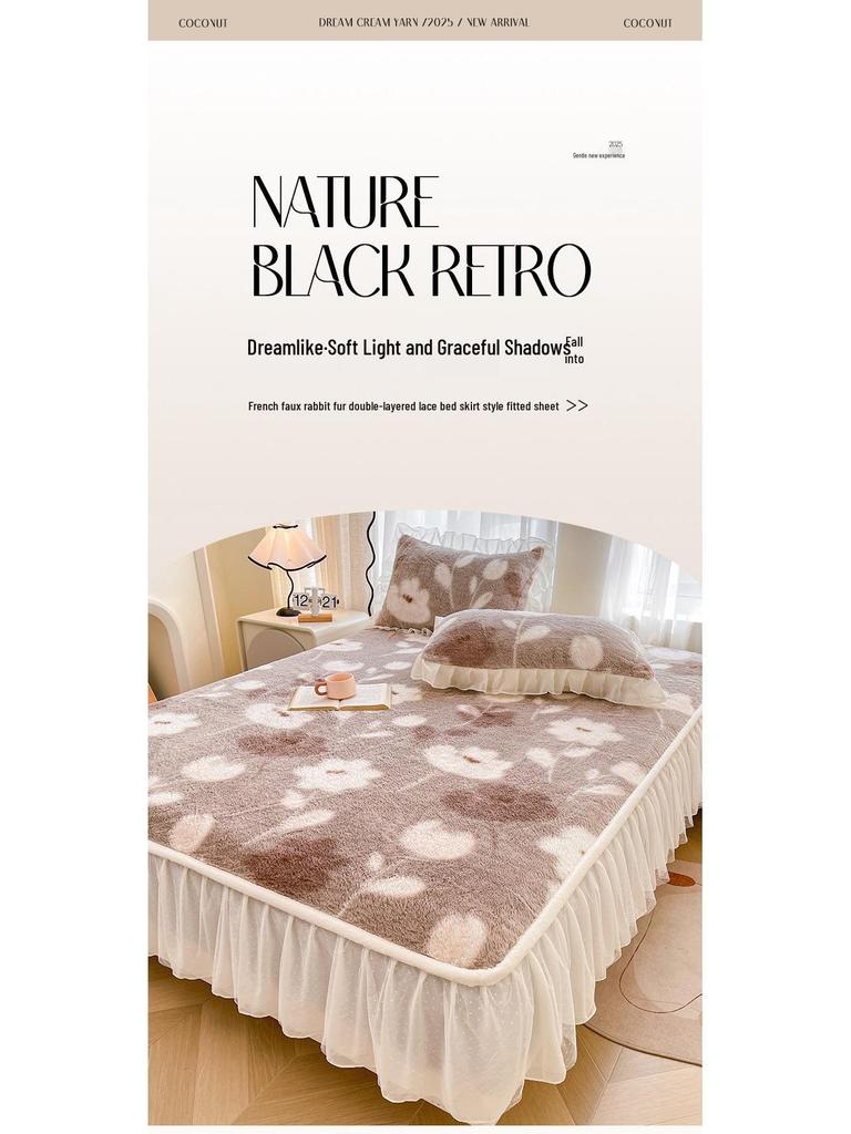 French Rabbit Fur Double-Layer Lace Fitted Sheet Bed Skirt 3-Piece Set