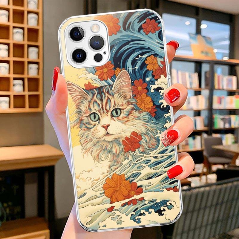 Anime Cat Sea Wave Aesthetic Cover Phone Case For iPhone 16 17 Air 15 14 Pro Max 16E Phone Case 13 Mini 12 11 7 SE 8 Print Patte