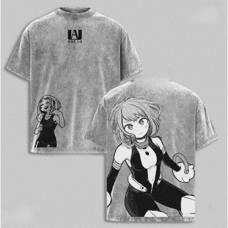 

OCHACO URARAKA My Hero Academia T-shirt Trendy Anime Washed Oversized T Shirt Summer Short Sleeve Cotton Tees Tops Men Clothing S серый