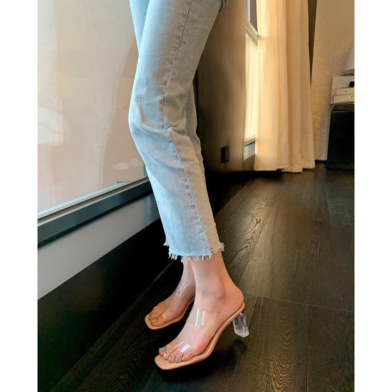 Sheepskin Slippers Transparent Word with Thick Heel High Heel Sandals Women's Summer Wear