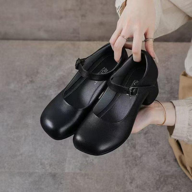 Retro Runde Zehenpartie Vielseitige Klobige Slip-On Freizeitschuhe für Damen, Weiches Leder, Rutschfest, Atmungsaktive Schuhe