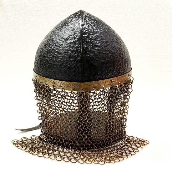 Medieval Norman Viking Antique Black Amour Iron and Brass Chainmail Wearable Helmet with Wooden Stand