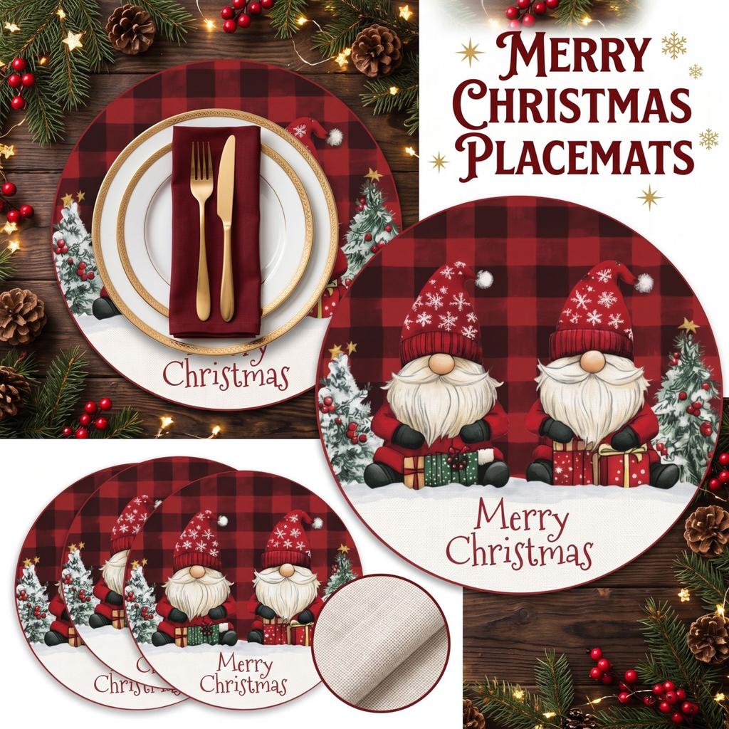 Set von 4 runden Weihnachtsplatzdeckchen, bedruckte Thermo-Tischsets für die Dekoration des Esszimmers