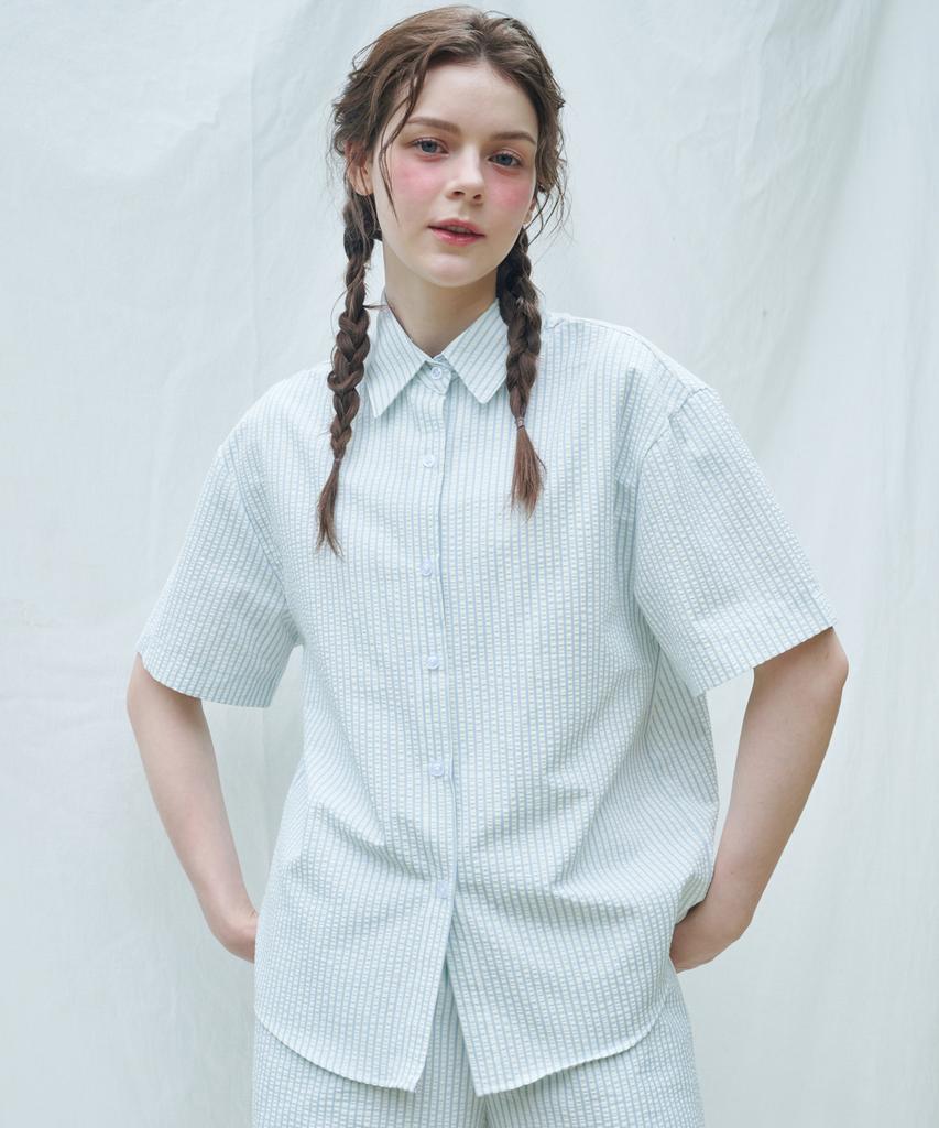LOSSYROW Seersucker Stripe Shirt Blue