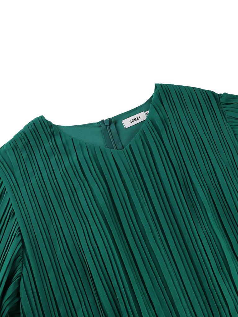 Plus Size Emerald Green Sequin Waist-Cinched Long Pleated Dress with Wide-Hem Skirt and Long Sleeves for Formal Banquets.