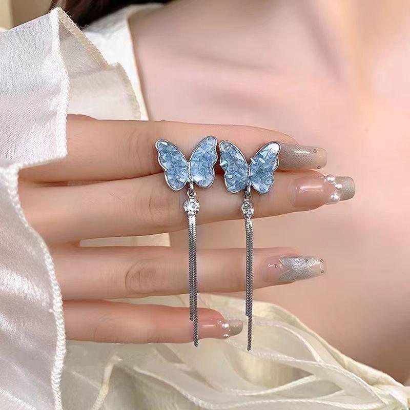 Fairy Light Blue Crystal Inlaid Rhinestone Butterfly Tassel Earrings For Women Holiday and Daily Wear Fashion Jewelry светло-синий