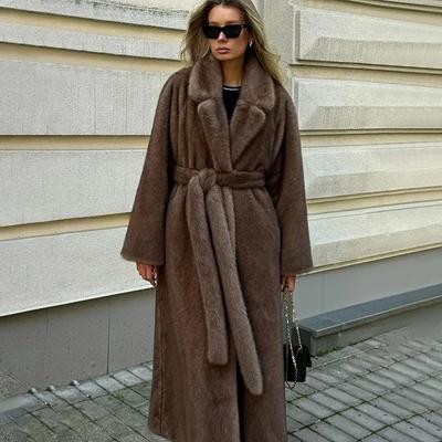 Belted Faux Mink Fur Coat Women Winter Beige Gradient Furry Fur Jacket Luxury Brand Hooded Warm Outerwear Overcoat