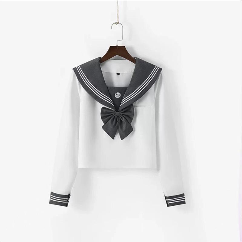 Japanese Embroidery Gray JK School Uniform: Sailor Suit with Short/Long Sleeves & Pleated Skirt for Spring/Autumn.