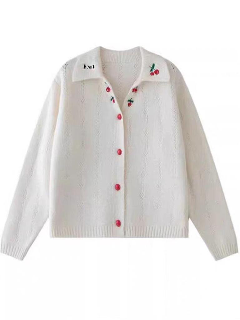 Women's Loose Fit Embroidered Cherry Cardigan