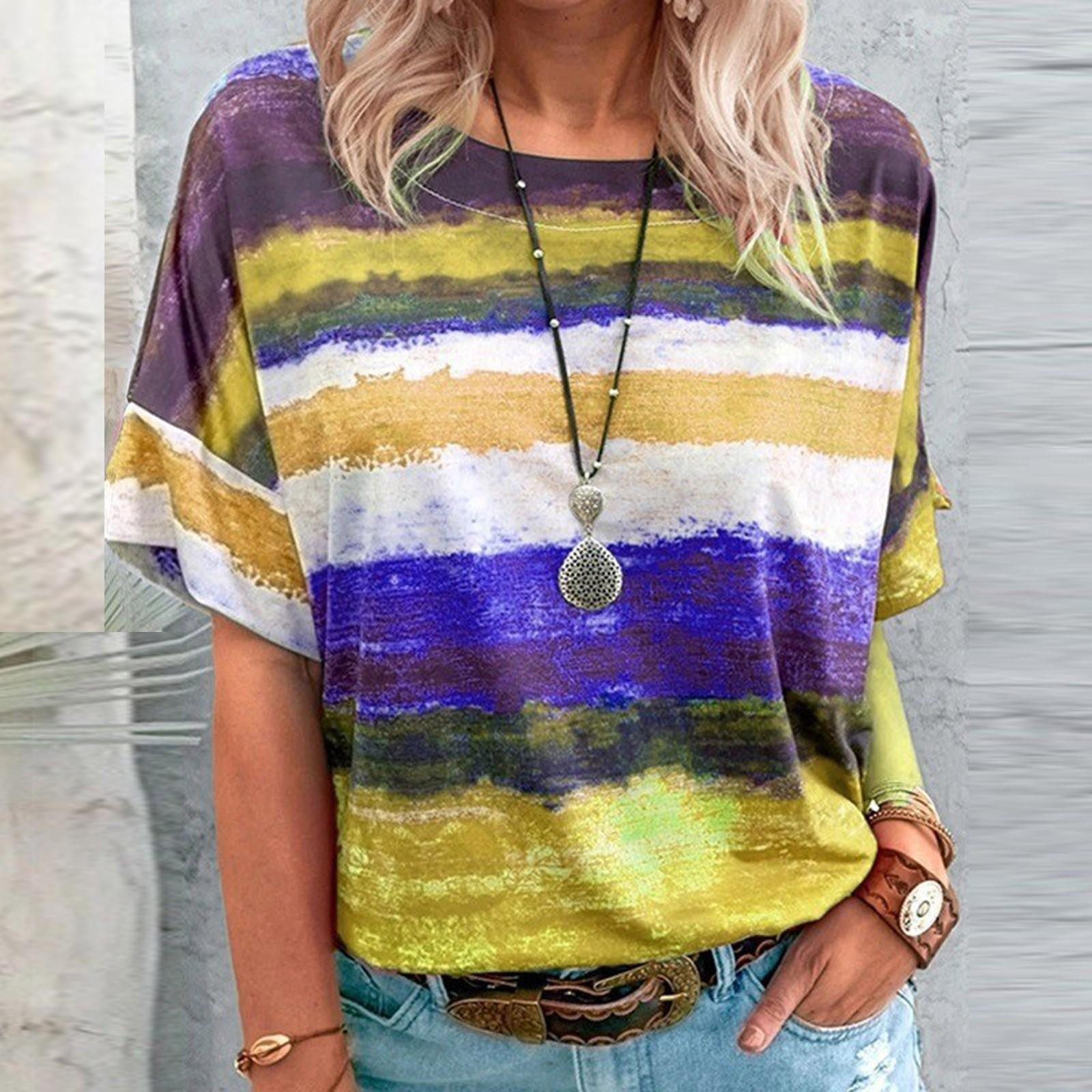 

Модный повседневный свободный топ с контрастным контрастом и круглым вырезом с коротким рукавом XL жёлтый