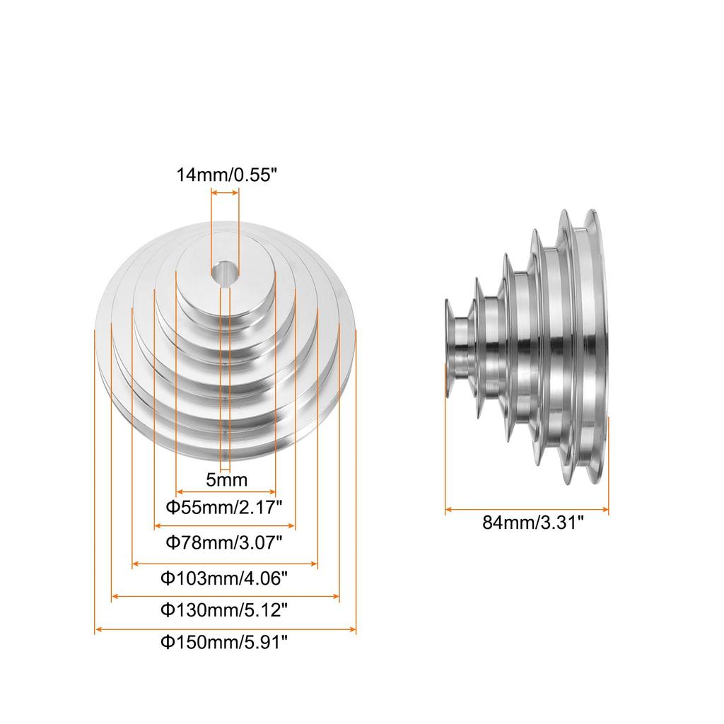 Uxcell Aluminum A-Type 5-Step Pulley Wheel, 14mm Bore, 55-150mm Outer Diameter, for A-Type V-Belts, 12.7mm Belt Width