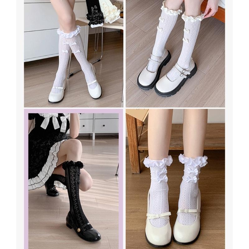 Women Japanese Aesthetic Hollowout Mesh Middle Tube Socks Striped Patterned Ruffle Trim Over Calf Socks with Bows Accent