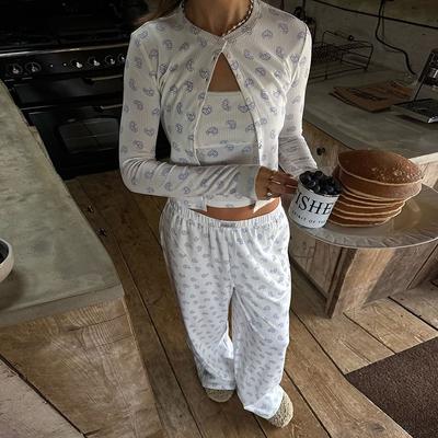 Printed Pajama 3 Piece Sets Women Slim Sling Vest Full Sleeve Cardigan Elastic Long Wide Leg Pant Suits Nightwear Homewear