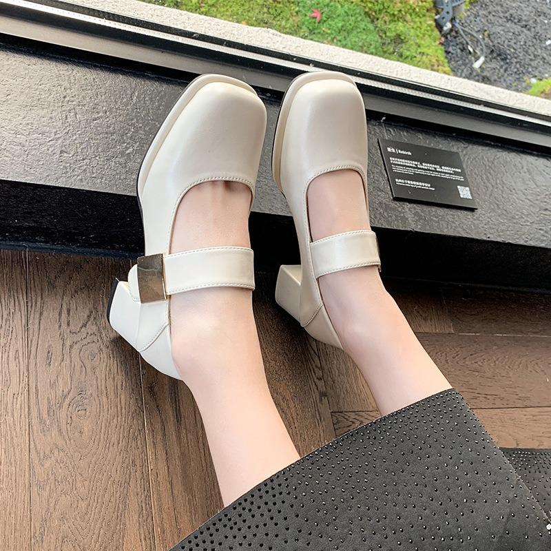 Retro Square Head Word with Thick Heel Mary Jane Shoes Literary Small Leather Shoes Women's Shoes Versatile High Heel Single Shoes Women
