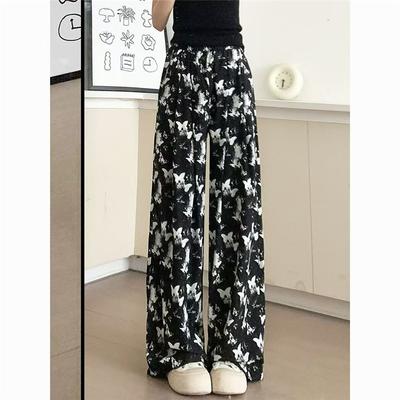 Butterfly Ink Painting Wide-leg Pants for Women's Summer High-waist Straight-leg New Chinese Casual Pants Ice Silk Tie-dye Draped Trousers