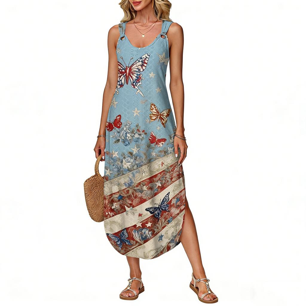 Women's Summer Long Dress Sleeveless Side Slit Long Independence Day Print Vacator Dress