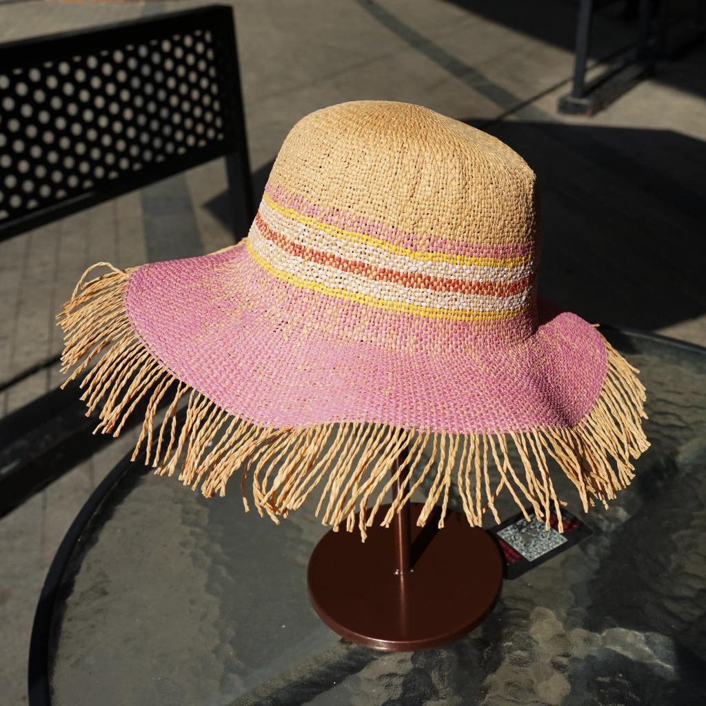 Korean Version Of Rose Pink Vacation Beach Woven Wide Brim Wavy Hair Beard Top Hat Women'S Summer Sunshade Sun Protection Travel Straw Hat