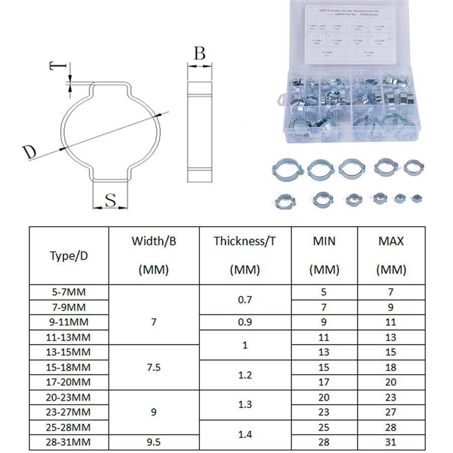 100 × Double Ear Hose Clips Water Fuel Air Clamps for 5-31MM Zinc Plated Assortment Box with Pliers Tool