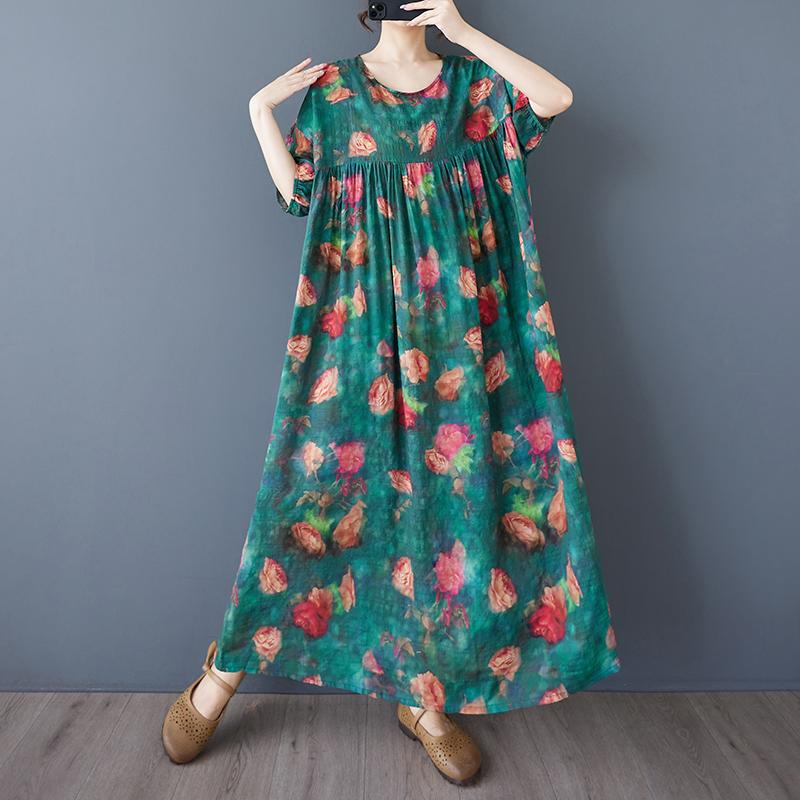 

Dimanaf Летнее женское винтажное длинное платье больших размеров с коротким рукавом, повседневное, с цветочным принтом, базовое, свободного кроя One Size зелёный