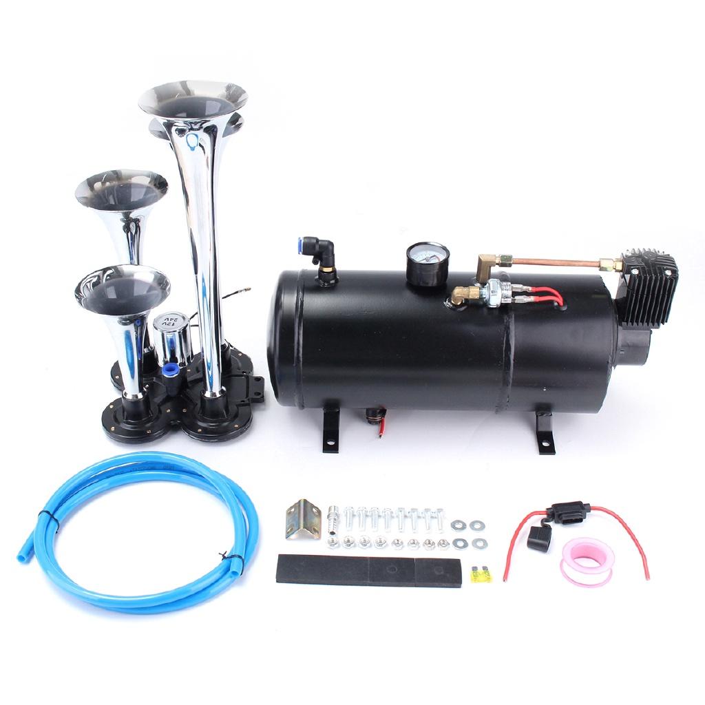 3L 150PSI Air Horn 150 BD Air Compressor and 4 Trumpet Chrome for Truck High Pressure Air