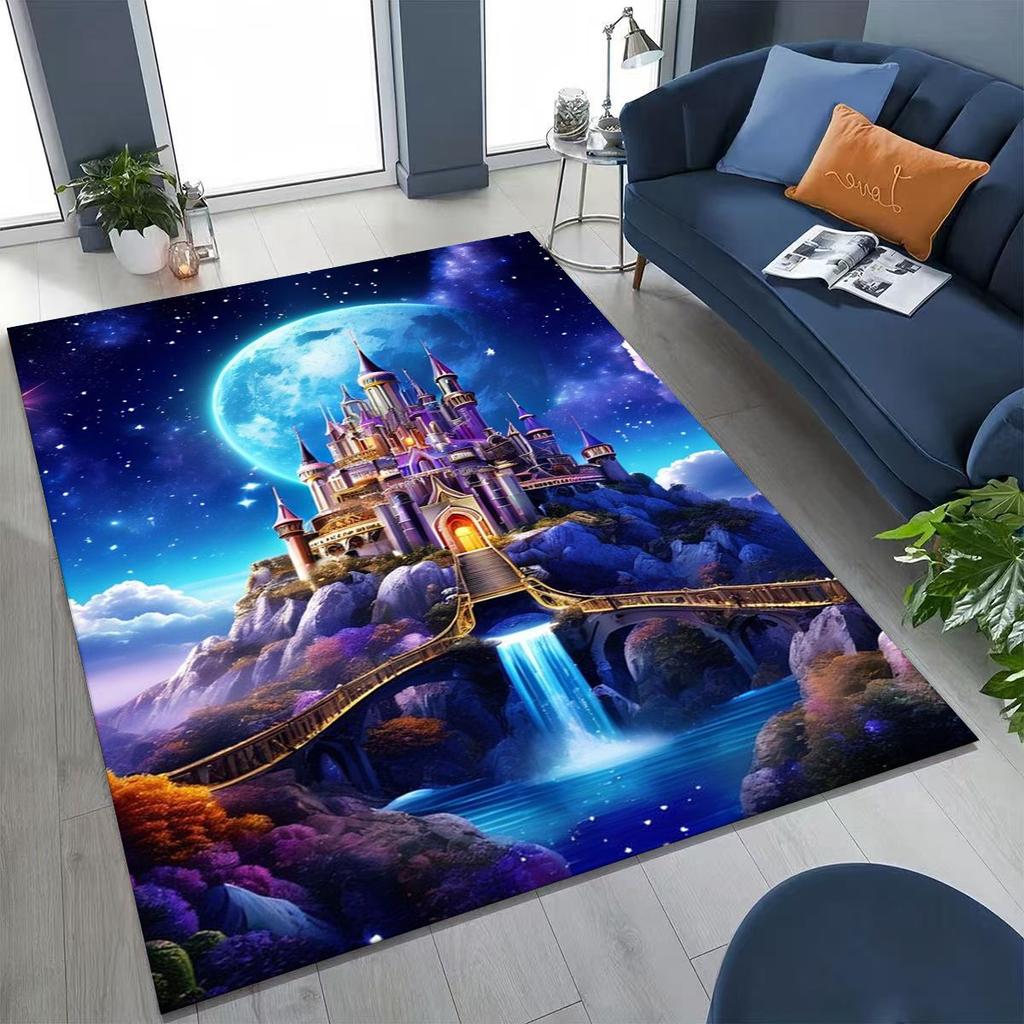 Enchanted Fairytale Princess Castle Gothic Castle Cartoon Rug for Bedroom Living Room Sofa Home Doormat Decor, Kids Non-slip Mat