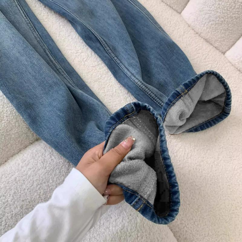 Džíny s vysokým pasem pro ženy, zesílené a plyšové, rovné nohavice, volné, retro, široké nohavice, všestranné dlouhé kalhoty