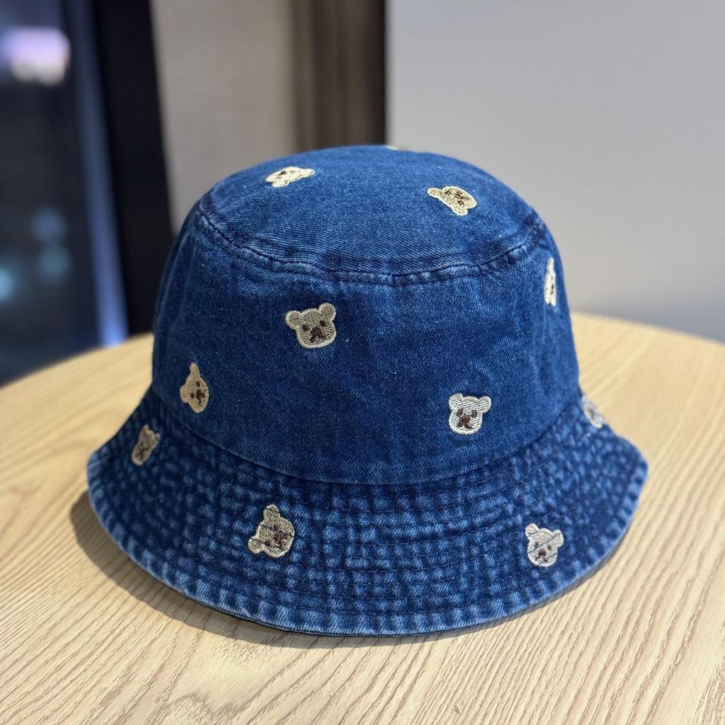 Cute Cartoon Spring and Autumn Embroidered Bear Unisex Denim Fisherman Hat Casual Versatile Sun Hat Sun Protection Hat
