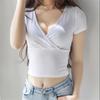 Summer Cross V-Neck Short Sleeve Crop Tops Women's Solid Color Sexy Slim Fit T-Shirt Outcrop Casual Simple Streetwear Women's Casual Top Clothing