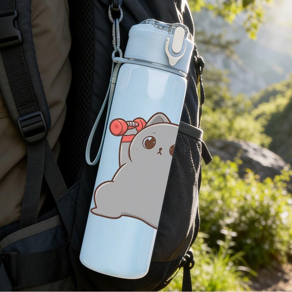 1PC Gray Fluffy Creature Cartoon 750ml Color Plastic Sports Water Bottle Leakproof Flip Straw Lid Suitable for Sports Office Home Use