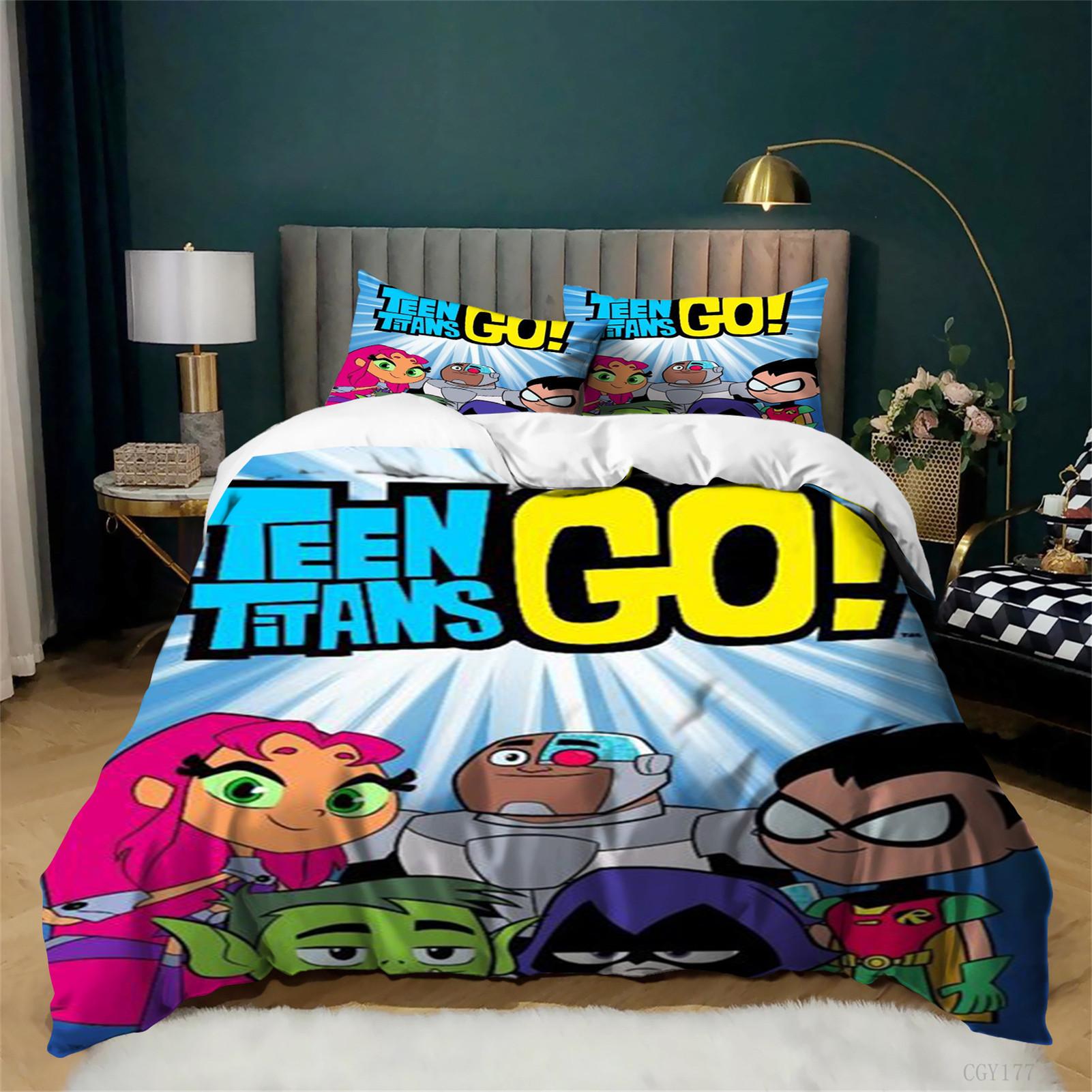 Grosstor Unisex 3D Teen Tit-Ans Go Duvet Cover Set 3Pcs Twin Cartoon Soft Bedding Set For Kids Lightweight Quilt Cover With Zipper Closure