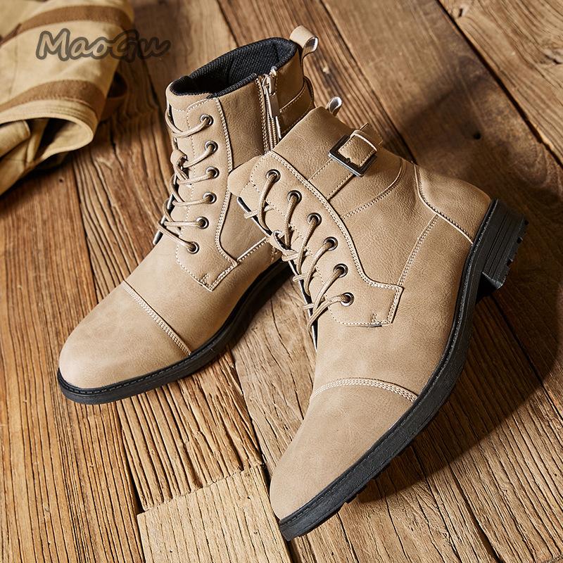 Mode Herbst Winter Britischer Stil Herren High-Top Stiefel Rutschfest Retro Schnürung Runde Zehen Lederstiefel Seitenreißverschluss Botas Para Hombre40-45