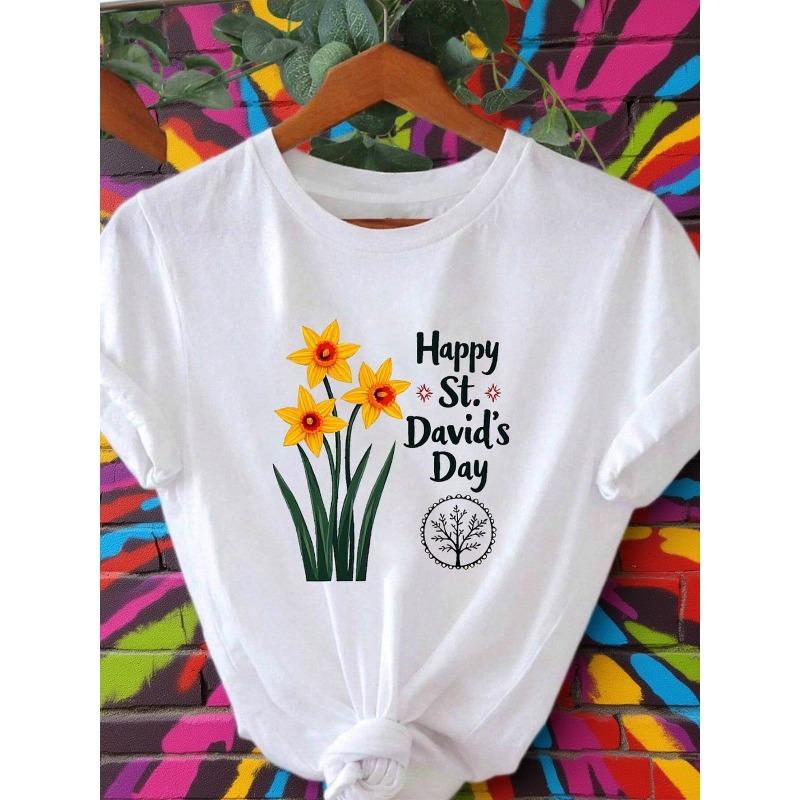 Women s Plus Size St. David s Day Daffodil Print T-Shirt Casual Round Neck Short Sleeve Top S