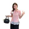 Plus Size Lace Hem Bow Collar Short Sleeve Top for Women - Summer Slimming Polo Style