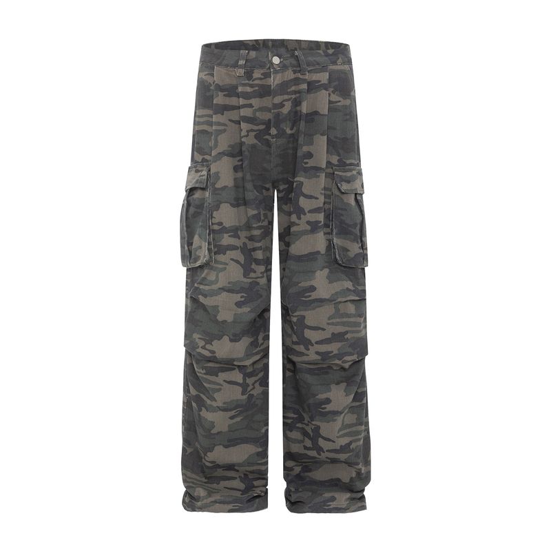 

Kisko American Retro Pocket Wide-Leg Washed Camouflage Jeans Unisex Niche Casual Loose Straight-Leg Pants Fan color 2XL