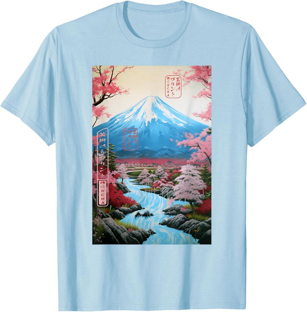 Mount Fuji Ukiyoe Cherry Blossom Graphic TShirt Soft Cotton Casual Short Sleeve Tee for Men