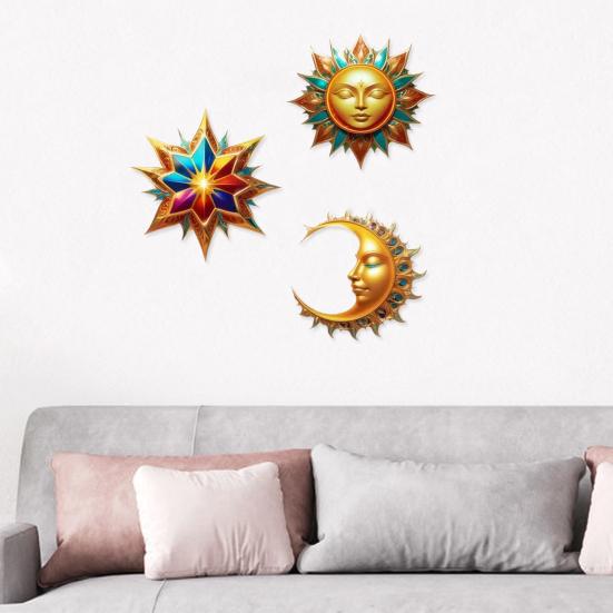 3Pcs Sun Moon Star Wall Decorations Waterproof Bohemian Sun Moon Star Wooden Wall Art Set Outdoor Indoor Hanging Decor Retro Style Garden Patio