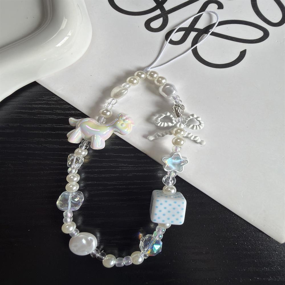 Stylish White Pony Bow Bead Phone Chain and Camera Bag Pendant Lanyard