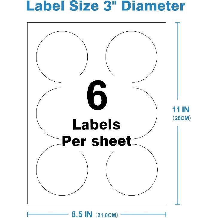 3" Circle Sticker Labels, Round Printable Sticker to Write On, Sticker Paper for Inkjet Printer, (6 Labels/Sheet), 30 Sheets
